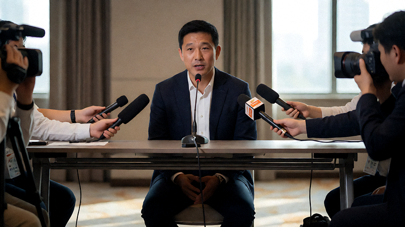 赛后新闻发布会现场主教练接受媒体采访