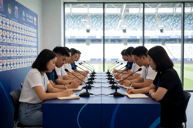 足球赛事赛后新闻发布会现场，记者席与背景板